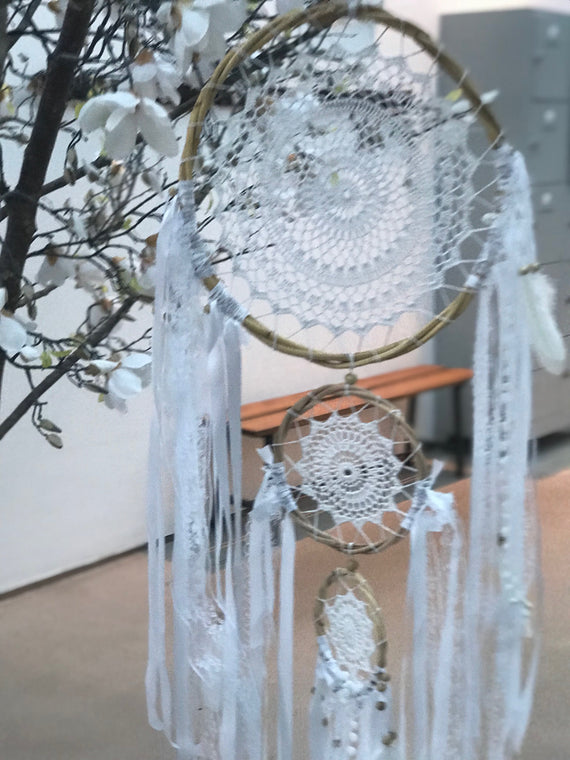 Dream catcher big trio white handmade with ribbons and laces and pompoms 42 cm
